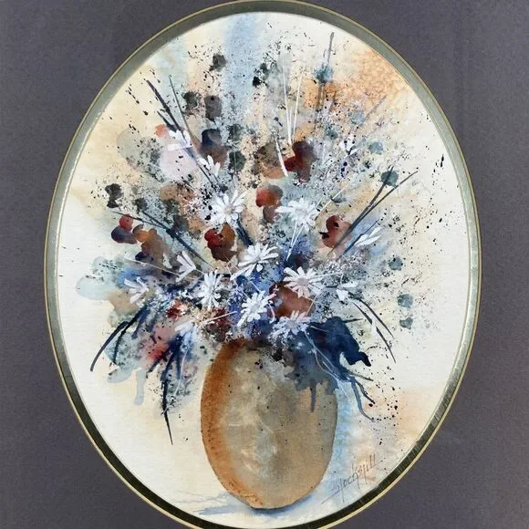 Joan Stockstill McIntyre Original Watercolor Painting Flower Floral Vase Framed
